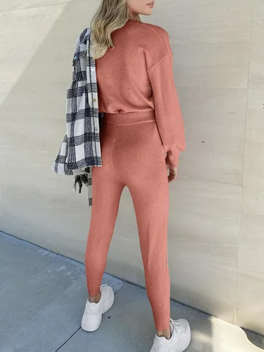 Vista 4 de ANRABESS - Conjunto de dos piezas para mujer, conjunto de suéter de manga larga sin botones y pantalones con cordón
