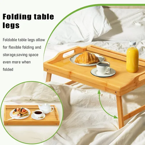 Vista 4 de Mesa Bandeja para Cama Bandejas de Desayuno Bandeja de Servir Altura Ajustable para Comer Cama de Bambú Laptop Plegable Patas con Asas y Soportes