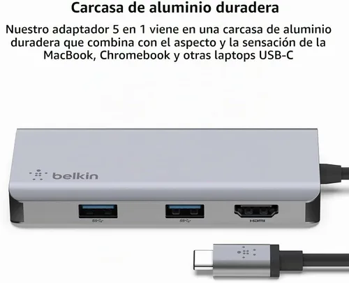 Vista 3 de Belkin Concentrador USB-C, estación de acoplamiento multipuerto USB-C 5 en 1 para MacBook y Windows con HDMI 4K 1.4, 2 USB-A 3.1, SD 3.0 y Micro SD