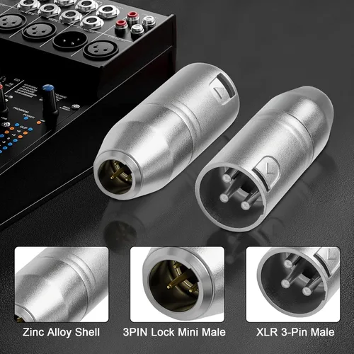 Vista 3 de Paquete de 5 mini conectores XLR de 3 pines, micrófono adaptador macho de 3 pines a XLR macho de 3 pines, conector de audio de micrófono de aleación