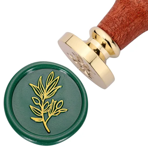 Vista 2 de Yoption Sello de cera de rama de olivo, cabeza de latón vintage, sello de cera de sellado de empuñadura de madera para boda, Navidad, fiesta