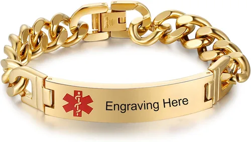 Vista 3 de Lam Hub Fong Pulsera de alerta médica de emergencia personalizada, grabado gratis, se envía al día siguiente, acero de titanio que no se deslustra