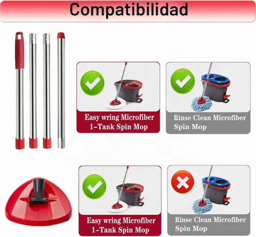 Vista 3 de Mango de repuesto para trapeador giratorio, barra de repuesto de trapeador de 4 secciones de 30 a 58 pulgadas y base compatible con mango de Rojo
