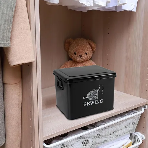 Vista 5 de Cesta de costura de metal de 2 niveles con bandeja extraíble, organiza suministros de costura, tijeras, hilo, alfileres y clips con estilo (negro)