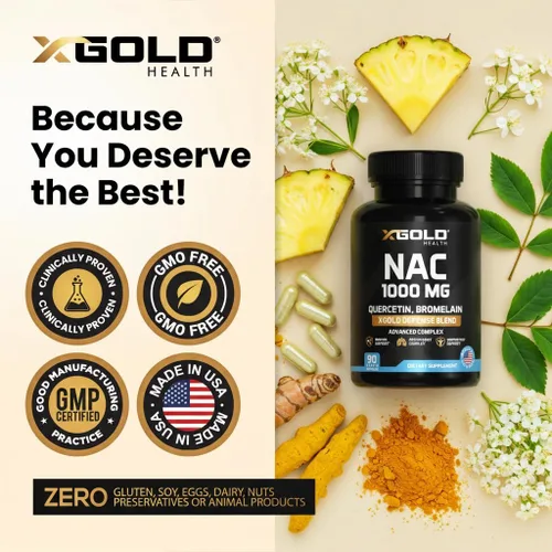 Vista 6 de XGold Health NAC 1000 mg con quercetina 95%, bromelina, zinc, vitamina C, apoyo inmunológico D3 y K2 y suplemento antioxidante Mezcla de defensa