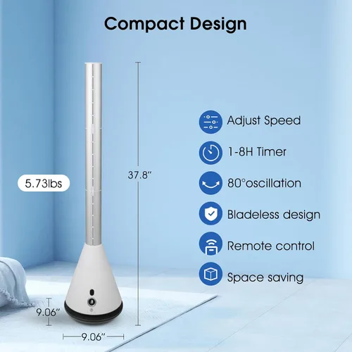 Vista 5 de Ventilador de torre sin aspas con control remoto, ventilador de circulación de aire oscilante de 80°, 9 velocidades, temporizador de 8 horas