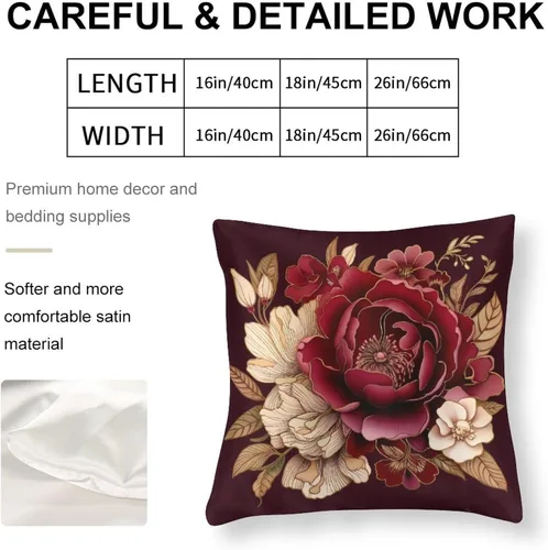 Vista 2 de Fundas de cojín de satén elegantes, decorativas florales burdeos, suaves y lujosas, elegantes fundas de almohada de terciopelo floral para sofá