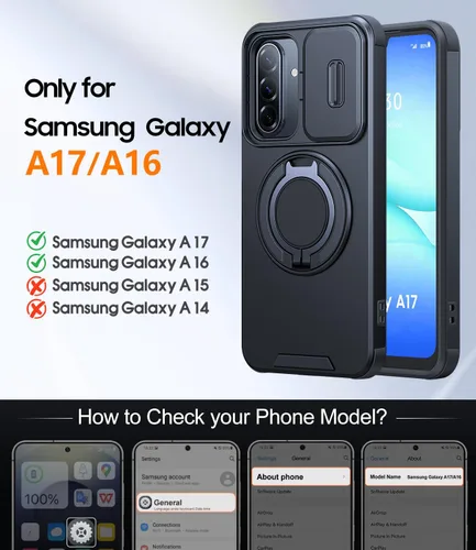 Vista 7 de JAME Funda para Samsung Galaxy A17/A16 5G, soporte de anillo, cubierta de cámara deslizante, 2 protectores de pantalla, protección de doble capa a