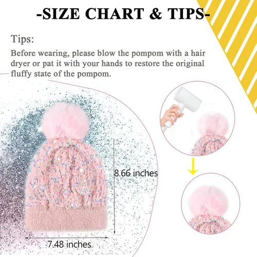 Vista 2 de Gorro de invierno para mujer, gorro de punto con piel sintética extraíble, pompón y lentejuelas