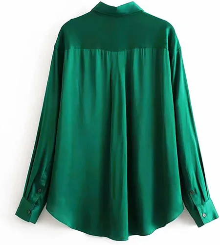 Vista 6 de Anewoneson Moda Mujer Camisa Turndown Collar Sólido Manga Larga Botón Bolsillo Blusa De Seda Camiseta