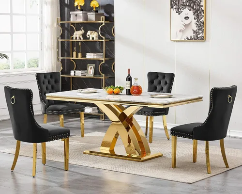Vista 73 de Juego de mesa de comedor de 5 piezas para 4, mesa de cocina de mármol negro de 68 pulgadas con 4 sillas beige, mesa de comedor rectangular moderna