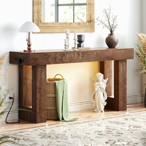 Vista 11 de Unikito Mesa de entrada de 32 pulgadas con enchufe y sensor de luz, mesa consola estrecha con almacenamiento detrás del sofá, mesa de entrada