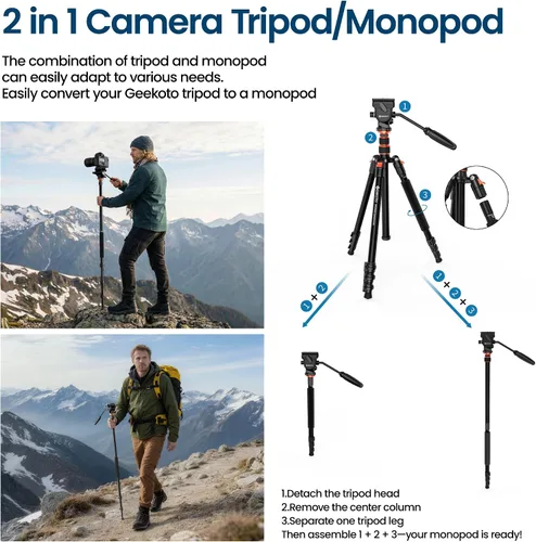 Vista 5 de GEEKOTO Trípode de video con cabezal fluido, trípode profesional para cámara réflex digital, monopie de aluminio de 77 pulgadas para videocámara