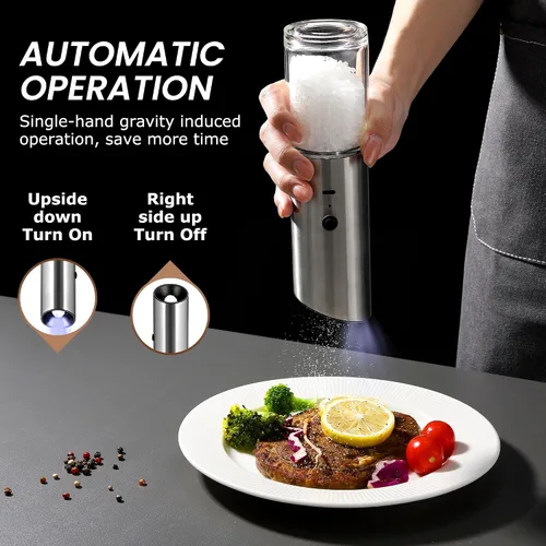 Vista 5 de VEVOK CHEF Juego de molinillo eléctrico de sal y pimienta, recargable con luz LED, tipo C, gravedad automática, acero inoxidable, molino