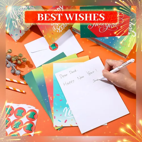 Vista 4 de Yexiya Juego de 100 tarjetas de feliz año nuevo a granel 2026 con sobres y calcomanías, tarjetas de felicitación de Año Nuevo, surtido de felices