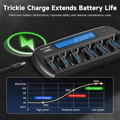 Vista 3 de CITYORK - Baterías AA recargables con cargador, paquete de 12 baterías de 3000 mAh doble A Ni-MH de baja autodescarga con cargador LCD de 12 bahías