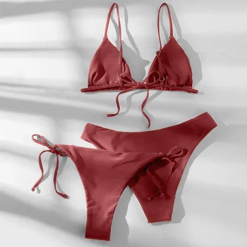 Vista 3 de Bikini sexy de verano para mujer con espalda descubierta con cordones y cintura ajustable de tres piezas