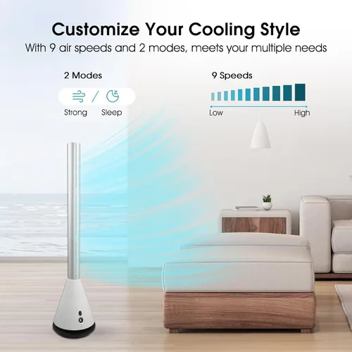 Vista 3 de Ventilador de torre sin aspas con control remoto, ventilador de circulación de aire oscilante de 80°, 9 velocidades, temporizador de 8 horas
