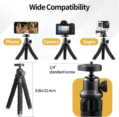 Vista 4 de Trípode de teléfono para iPhone, mini soporte flexible con control remoto para grabación Trípode compacto y flexible con control remoto, ideal