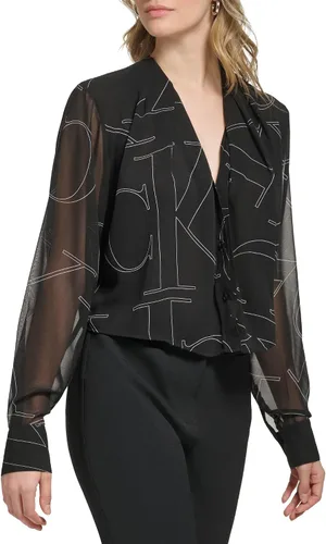 Vista 2 de Calvin Klein Blusa estampada de manga larga de gasa de poliéster para mujer