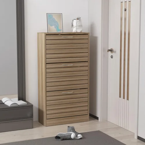 Vista 3 de Homsee Armario de almacenamiento de zapatos de 3 cajones con puertas de rejilla, zapatero de madera de 3 niveles organizador para entrada