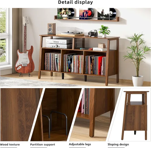 Vista 5 de Mxtxmy Soporte grande para tocadiscos, mesa giratoria de mediados de siglo con almacenamiento abierto con capacidad para hasta 450 álbumes, estante