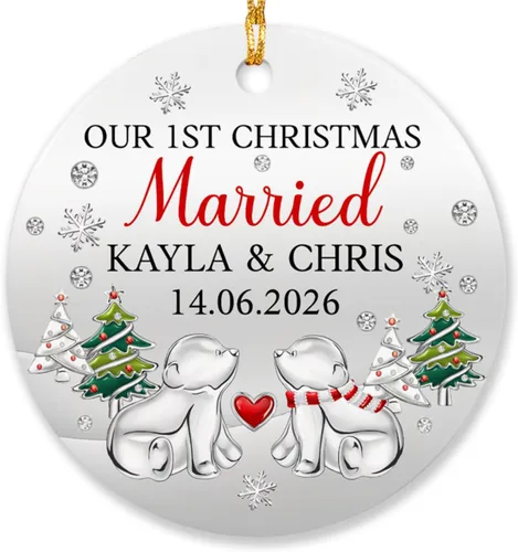 Vista 23 de Adorno de matrimonio de muñeco de nieve para pareja, adorno personalizado de primera Navidad para casados, con nombres personalizados y fecha