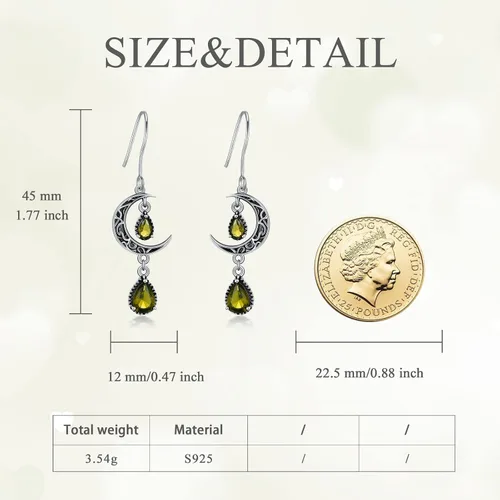 Vista 5 de VONALA Aretes de luna para mujer, plata de ley 925, aretes colgantes de luna celta, esmeralda, amatista, rubí, zafiro, rosa, peridoto, aguamarina