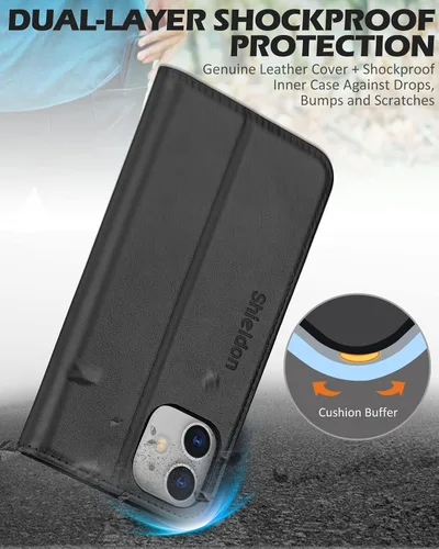Vista 6 de SHIELDON Funda para iPhone 12/12 Pro 5G, Funda Tipo Billetera de Piel Auténtica con Bloqueo RFID Magnético, Soporte para Tarjetas de Crédito