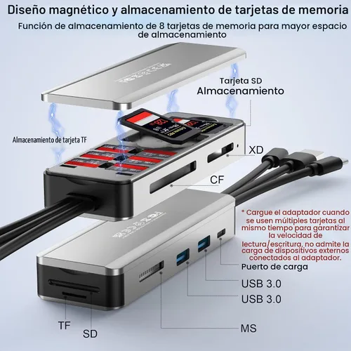 Vista 2 de Adaptador de lector de tarjetas SD 8 en 1 de aluminio con caja de transporte de almacenamiento de tarjetas SD/TF/CF/MS/XD/Cfast/Memory Stick Pro Duo