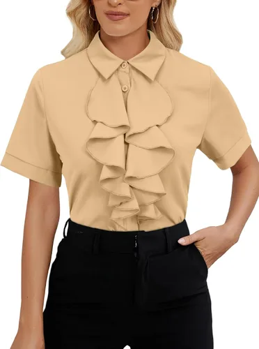 Vista 25 de Vrtige Women's Ruffle Front Collar Neck Button Down Short Sleeve Blouse Shirt Top