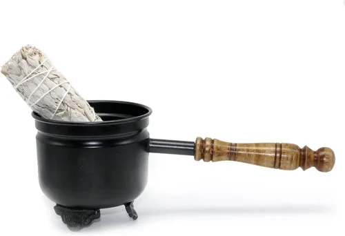 Vista 4 de Caldero de incienso de salvia con mango de madera, para limpieza y bendición de manchas de hierro fundido (7 chakras)