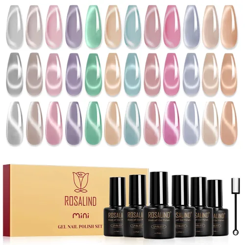 Vista 21 de ROSALIND Esmalte de uñas de gel de ojo de gato con imán, 12 piezas, esmalte de uñas de gel brillante holográfico púrpura azul rojo, esmalte de uñas