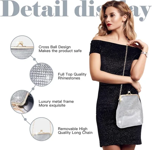 Vista 5 de QLBO Pequeño bolso plateado brillante para mujer, bolso de mano plateado con lentejuelas, bolso de mano plateado con diamantes de imitación
