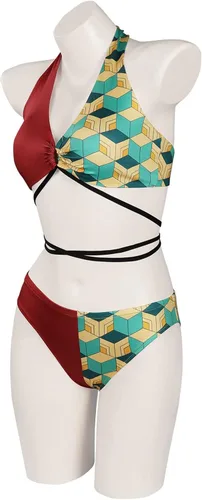 Vista 3 de Demon Kamado Nezuko - Traje de baño de verano para mujer traje de baño Kanroji Mitsuri traje de baño de anime Kimetsu no Yaiba Cosplay