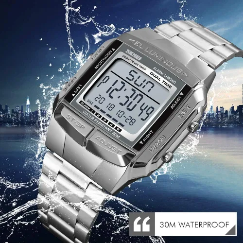 Vista 4 de MASTOP Reloj digital para hombre con alarma deportiva, cronómetro, relojes de negocios, cuadrados, impermeables, relojes de pulsera para hombre