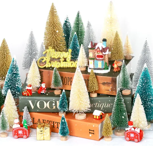 Vista 7 de 30 piezas de mini decoración de árbol de Navidad, árbol de Navidad artificial, 5 tamaños, mini árboles de escarcha de nieve de sisal con base