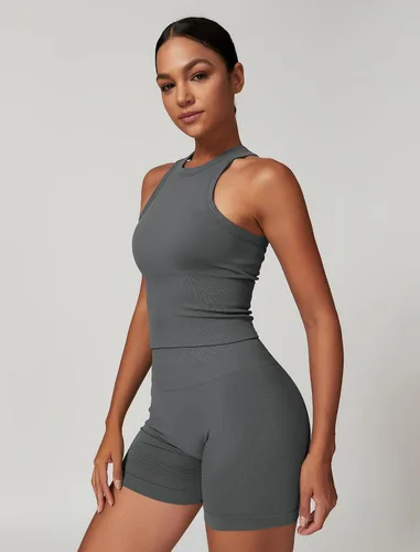 Vista 20 de Conjuntos de entrenamiento para mujer, 2 piezas, sin costuras, acanalada, sin mangas, brasier deportivo, cintura alta, pantalones cortos