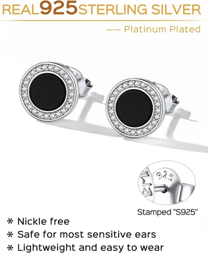 Vista 6 de ChicSilver Pendientes de tuerca de plata de ley 925 con runa vikinga de ónix negro natural para mujeres y hombres