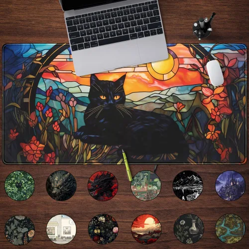Vista 2 de Tapete de Escritorio de Gato Negro Atardecer Vintage, Alfombrilla de Ratón y Teclado de Escritorio, Alfombrilla de Ratón XXL Grande para Laptop
