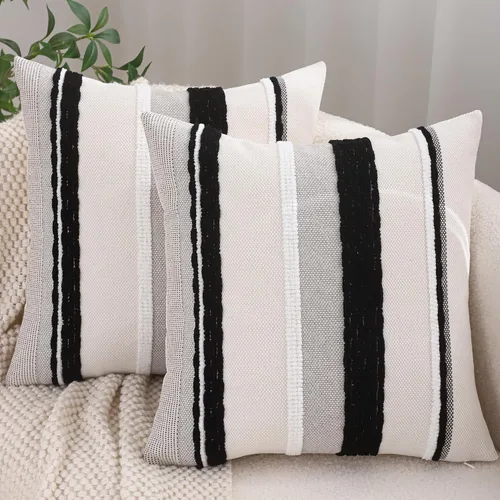 Vista 36 de Juego de 2 fundas de almohada bohemias de 18 x 18 pulgadas, color negro y crema Rayas negras