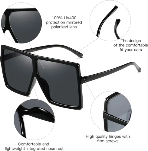 Vista 4 de Gafas de sol de 3 piezas para mujer y hombre, montura grande, gafas retro cuadradas