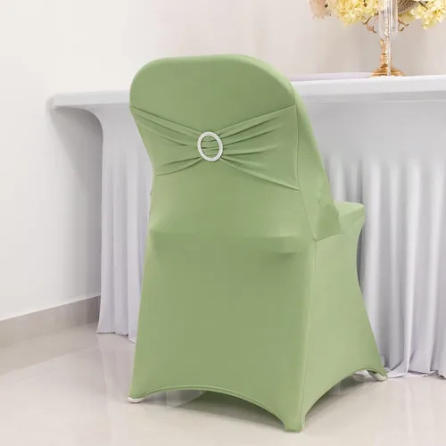 Vista 11 de Efavormart - Funda para silla de banquete de elastano beige con banda de hebilla de diamantes de imitación plateados, funda elástica para silla