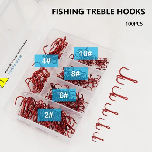 Vista 6 de Kit de ganchos agudos de pesca rojos, ganchos de acero de alto carbono, curvados redondos fuertes y afilados para señuelos, cebos de agua salada