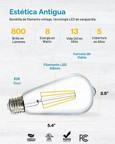 Vista 3 de ST64 - Bombilla de filamento LED de 8.5 W, varios colores y tamaños, 4/16 de pulgada