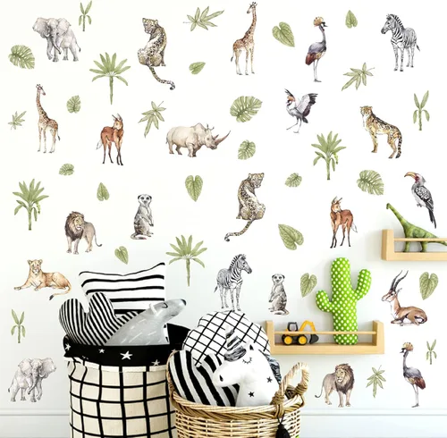 Vista 10 de Calcomanías de pared grandes de dinosaurio para despegar y pegar, calcomanías de pared de huellas de dinosaurio, hojas tropicales, palmeras
