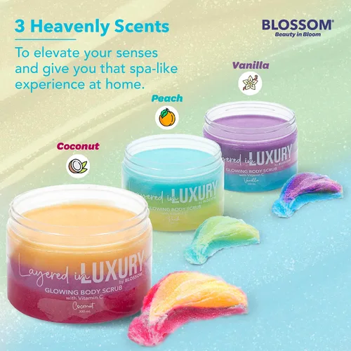 Vista 4 de Blossom Capa de espuma perfumada brillante de lujo, exfoliante corporal con vitamina C iluminadora para la piel, sin crueldad, 10.1 fl oz, melocotón