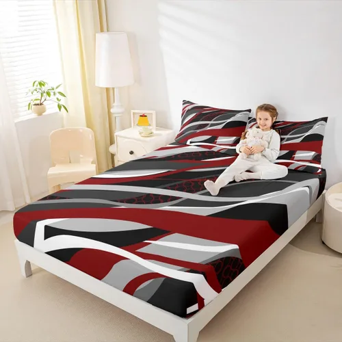 Vista 3 de Manfei Sábana bajera ajustable color rojo y gris, tamaño individual, funda de cama circular de rayas onduladas abstractas con 1 funda de almohada