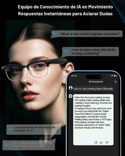 Vista 5 de Lentes AI con cámara, 4K con audio, Bluetooth AI con GPT de chat para hombres, más de 160 idiomas, grabación de video de 8 MP, lentes inteligentes