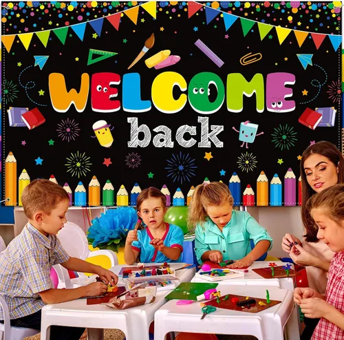 Vista 5 de Tatuo Cartel de bienvenida de vuelta a la escuela, cartel grande de tela para el primer día de escuela, cartel de bienvenida, tablón de anuncios